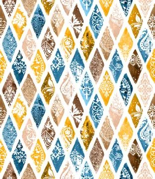 Grunge hand painted abstract pattern with bold textured diamonds in bright multi Stock Illustration