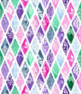 Grunge hand painted abstract pattern with bold textured diamonds in bright multi Stock Illustration