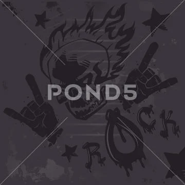 Grunge hard rock graffiti poster, vector illustration. Burning skull tattoo Stock Illustration