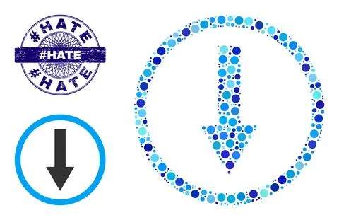 Grunge hashtag HATE Round Guilloche Seal and Down Rounded Arrow Collage Icon of Stock Illustration
