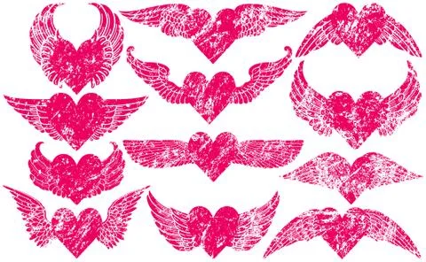 Grunge hearts with wings Illustration