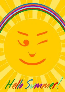 Grunge hello summer lettering, placard or flyer background with sun emotico.. Stock Illustration