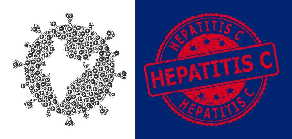 Grunge Hepatitis C Round Stamp and Recursion Indian Coronavirus Icon Collage Stock Illustration
