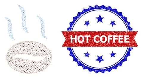 Grunge Hot Coffee Round Rosette Bicolor Badge and Mesh 2D Coffee Aroma Stock Illustration