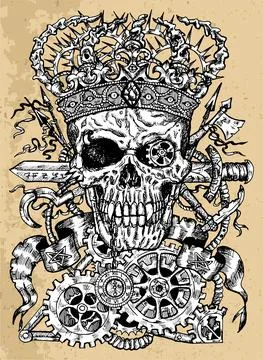 Grunge illustration of scary skull wearing crown, with sword, banner and stea Stock Illustration