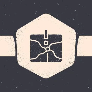 Grunge Intersection point icon isolated on grey background. Monochrome vintage Illustrazione stock