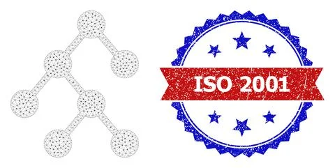 Grunge ISO 2001 Round Rosette Bicolor Badge and Mesh 2D Binary Relations Stock Illustration