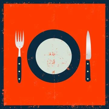 Grunge kitchenware - fork, knife and plate Stock Illustration