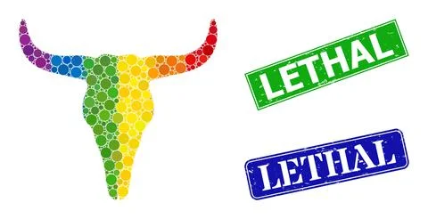 Grunge Lethal Badges and Rainbow Gradient Dotted Dead Bull Head Mosaic Stock Illustration