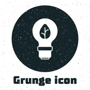 Grunge Light bulb with leaf icon isolated on white background. Eco energy c.. Stock Illustration