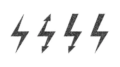Grunge lightning bolt set. Black noise texture thunderbolt collection. Stipple Stock Illustration