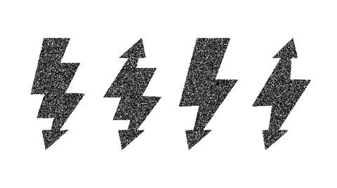 Grunge lightning bolt set. Black noise texture thunderbolt collection. Stipple Stock Illustration