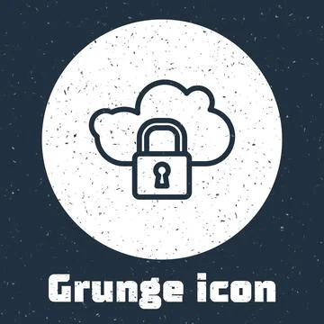 Grunge line Cloud computing lock icon isolated on grey background. Security 스톡 일러스트