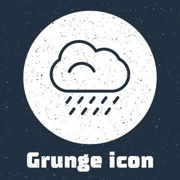 Grunge line Cloud with rain icon isolated on grey background. Rain cloud 스톡 일러스트