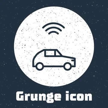 Grunge line Smart car system with wireless connection icon isolated on grey Stock Illustration
