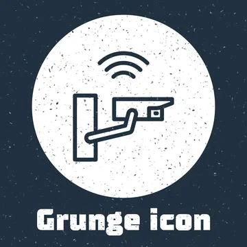 Grunge line Smart security camera icon isolated on grey background. Internet of Illustrazione stock