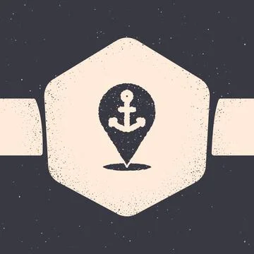 Grunge Map pointer with anchor icon isolated on grey background. Monochrome Stockillustratie