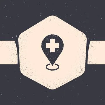 Grunge Medical map pointer with cross hospital icon isolated on grey background Stock Illustration