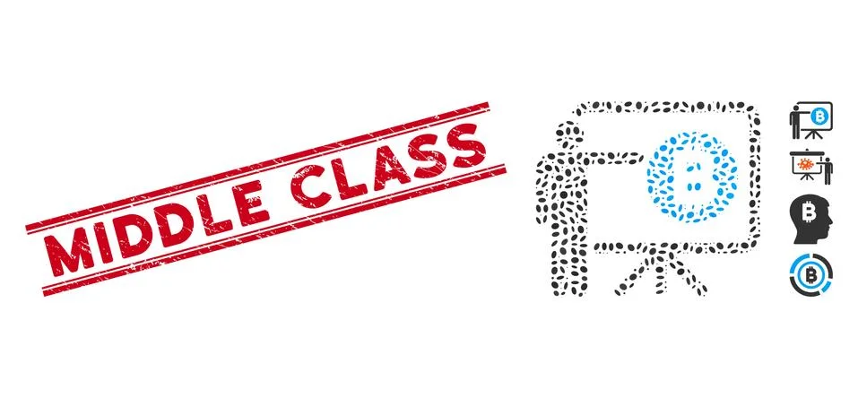 Grunge Middle Class Line Seal with Mosaic Bitcoin Lecture Board Icon Illustrazione stock