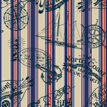Grunge nautical badges and elements with striped background 스톡 일러스트