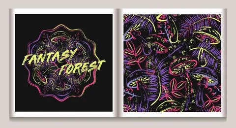 Grunge neon patterns with fantasy magic mushroom Stock Illustration