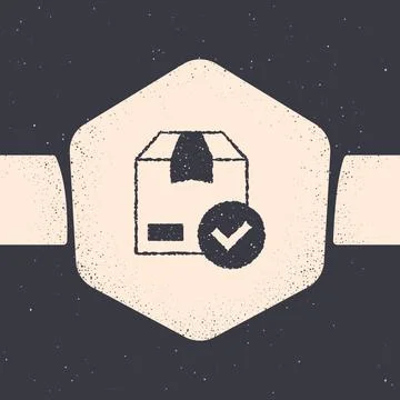 Grunge Package box with check mark icon isolated on grey background. Parcel box Stock Illustration