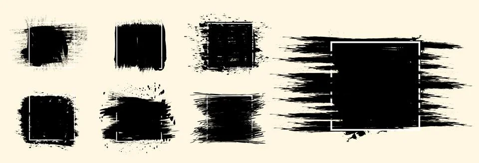 Grunge paint brush stroke frames set. Black ink splash banners collection Stock Illustration