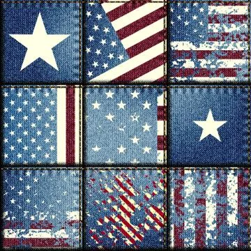 Grunge patchwork with USA flags. Ilustración de archivo