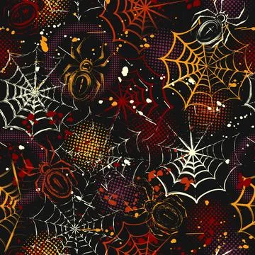 Grunge pattern with spiders, spiderweb, halftone Stock Illustration