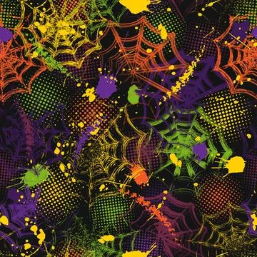 Grunge pattern with spiderweb, paint brush strokes, blots, halftone shapes Stock Illustration