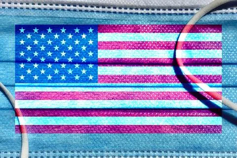 Grunge pattern of USA national flag isolated on blue media disposable face ma Stock Photos