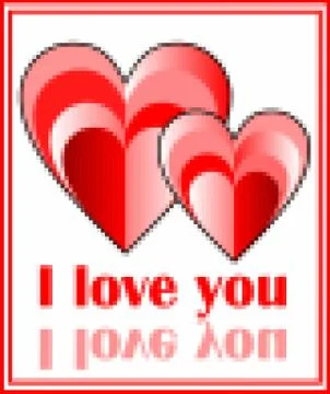 Grunge pixel image of two hearts with inscription I love you, red design with Stock Illustration