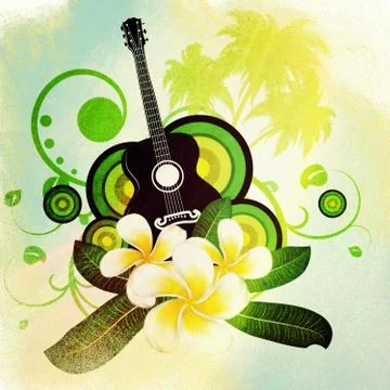 Grunge plumeria flowers and guitar 스톡 일러스트