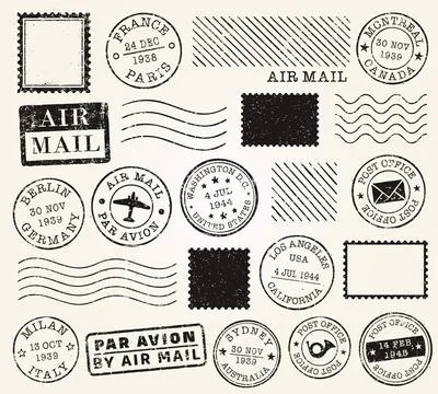 Grunge postage stamp set. Old Post stamp collection. Retro grunge postmark Stock Illustration