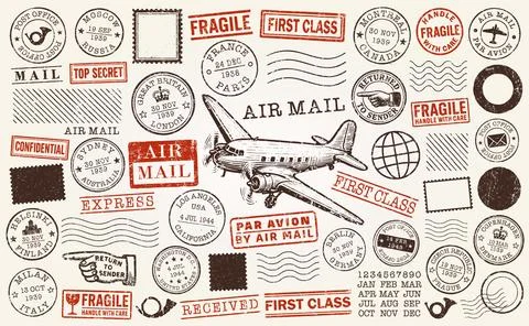 Grunge postage stamp set. Old Post stamp collection. Retro grunge postmark Stock Illustration