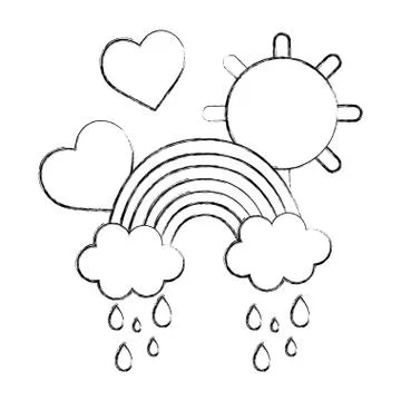 Grunge rainbow clouds raining with hearts and sun Stock Illustration
