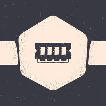 Grunge RAM, random access memory icon isolated on grey background. Monochrome Illustrazione stock