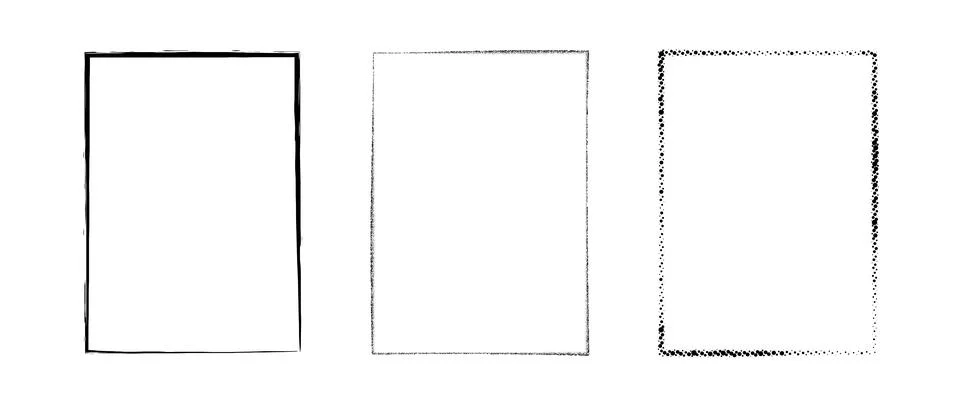 Grunge rectangle frame set. Dotted, stippled and paint brush black border Illustrazione stock