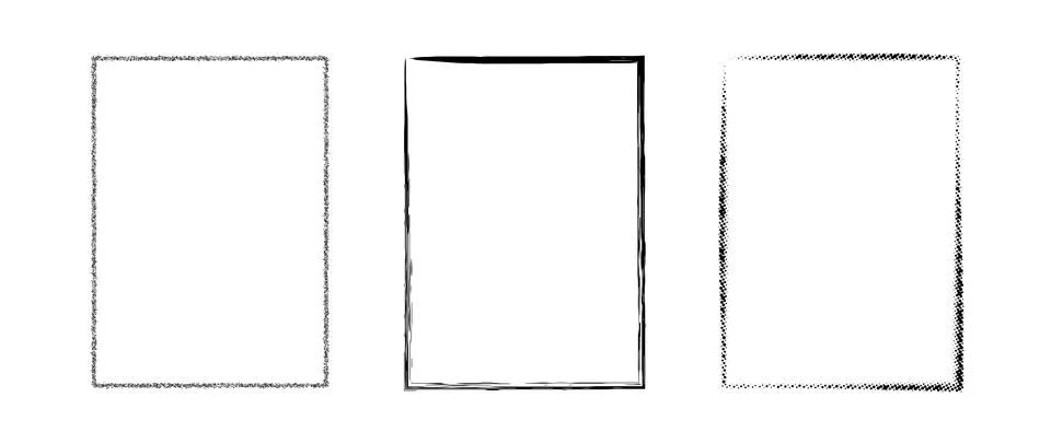 Grunge rectangle frame set. Dotted, stippled and paint brushed black border Illustrazione stock