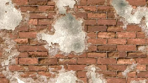 Grunge red brick wall texture with large peeling white plaster patches. 3D イラスト素材