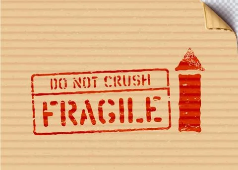 Grunge red cargo vector box signs Fragile, arrow up, do not crush Stock Illustration