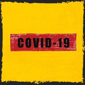 Grunge red Covid-19 rectangular shape rubber seal stamp on yellow background Stock Illustration
