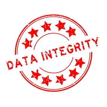 Grunge red data integrity word with star icon round rubber seal stamp on whit Stock Illustration