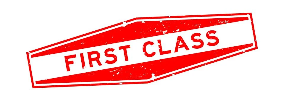 Grunge red first class word hexagon rubber seal stamp on white background Stock Illustration