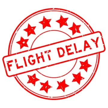 Grunge red flight delay word with star icon round rubber seal stamp on white  Stock Illustration