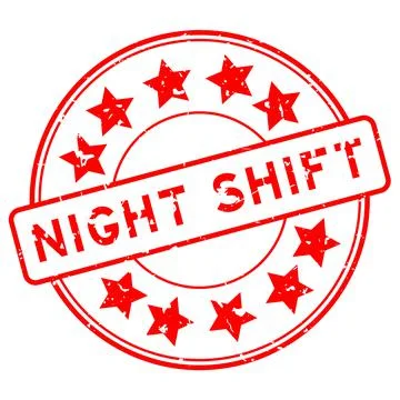 Grunge red night shift word with star icon round rubber seal stamp on white b Stock Illustration