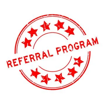Grunge red referral program word with star icon round rubber seal stamp on wh Stock Illustration