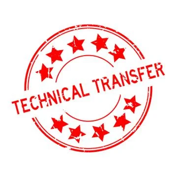 Grunge red technical transfer word with star icon round rubber seal stamp on  Illustrazione stock