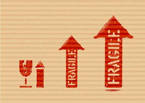Grunge red vector cargo box signs. Fragile glass with arrows up Stock Illustration