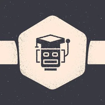 Grunge Robot icon isolated on grey background. Artificial intelligence, machine Stock Illustration
